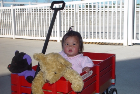 Kasen and bears riding in wagon
